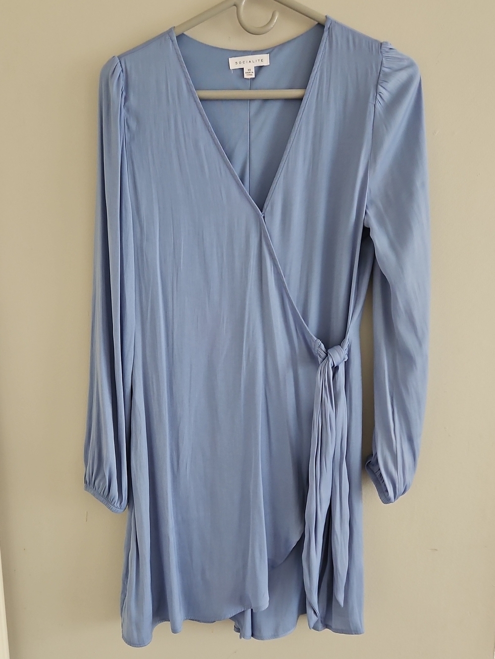 Socialite Powder Blue Long Sleeve Wrap Dress with Side Tie
